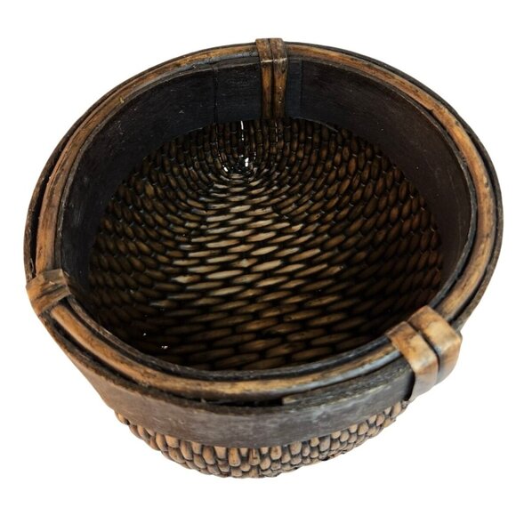 Vintage Hand-Woven Wicker & Wood Small Round Basket Decor Storage Organizer - Picture 6 of 10